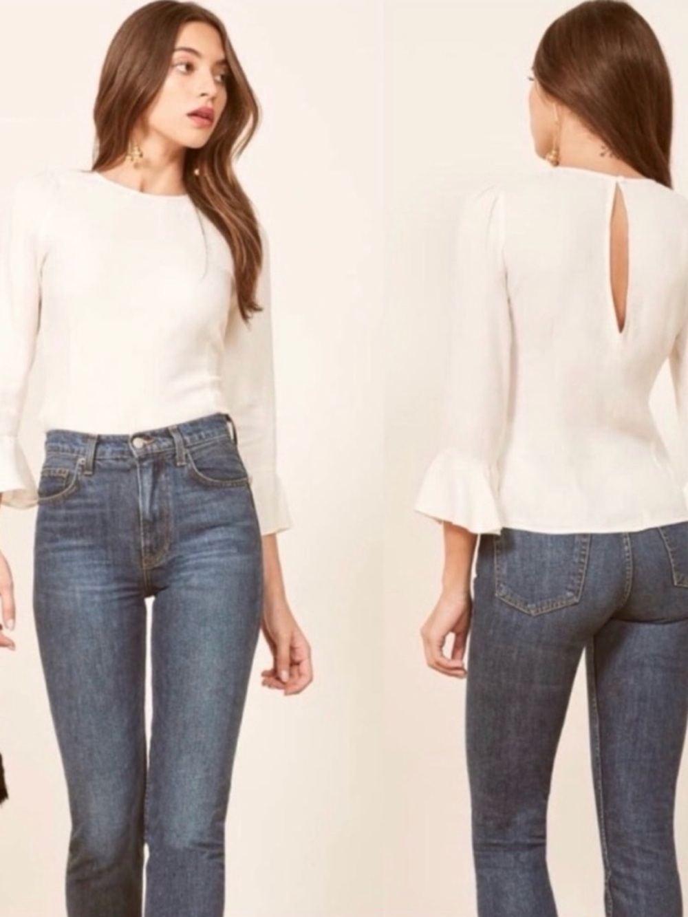 Reformation Sheer Long-Sleeve Cream Blouse